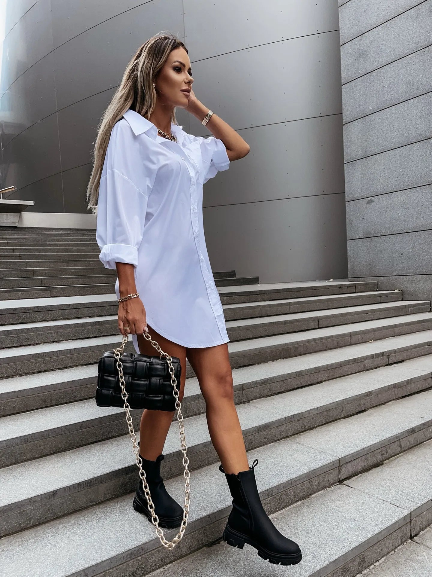 Elegant Women's White Blouse Casual Top Spring/Summer 2023 Simple Loose Fit Long Sleeve V-Neck Button Long Shirt S-XXL