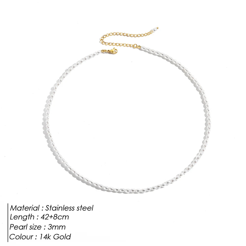 eManco 3MM Imitation Pearl Necklace Oval White Stainless Steel Necklace Women's Collarbone Chain