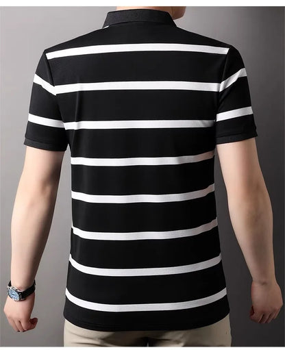 High end brand embroidered men's striped polo shirt short sleeved 2024 summer comfortable breathable top fashion casual T-shirt