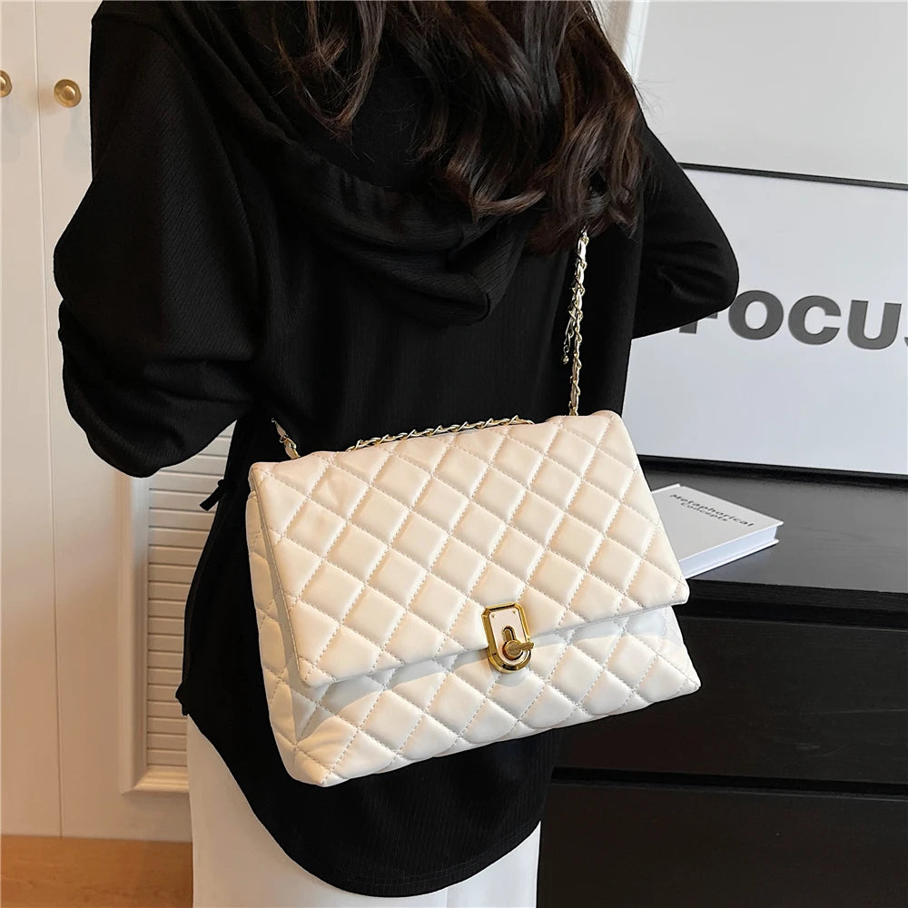 Burminsa Quilted Large Chain Shoulder Bags For Women 2024 Trend Designer Crossbody Bags PU Leather Ladies Handbags Black White