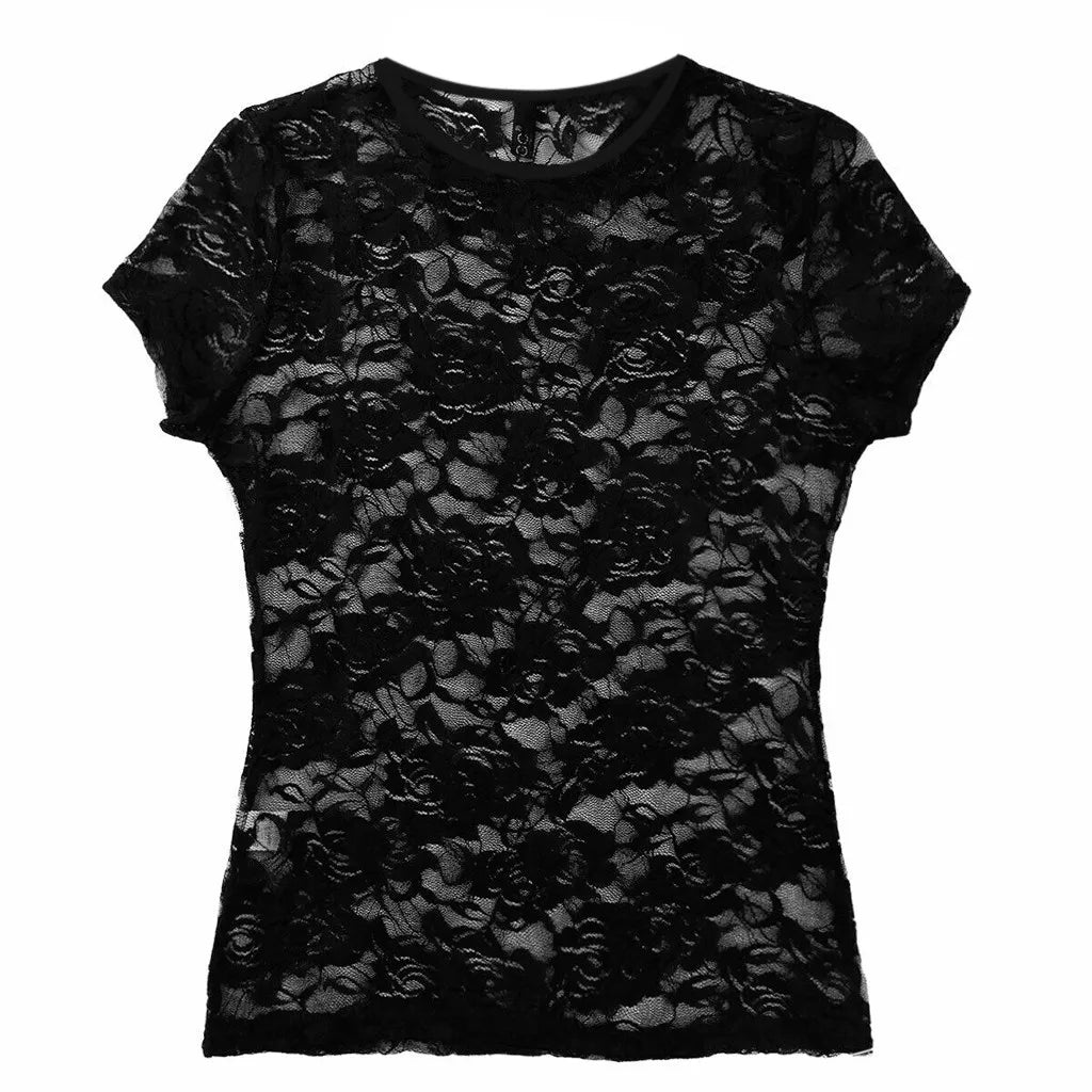 Women Transparency Lace Mesh Flower T Shirts Black Sexy See Through Short Sleeve O-Neck Slim Fit Tops Summer Nightclub Crop Tops