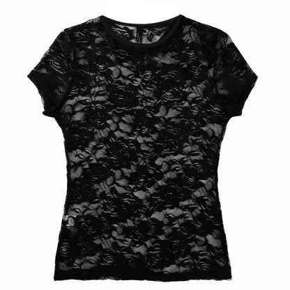 Women Transparency Lace Mesh Flower T Shirts Black Sexy See Through Short Sleeve O-Neck Slim Fit Tops Summer Nightclub Crop Tops